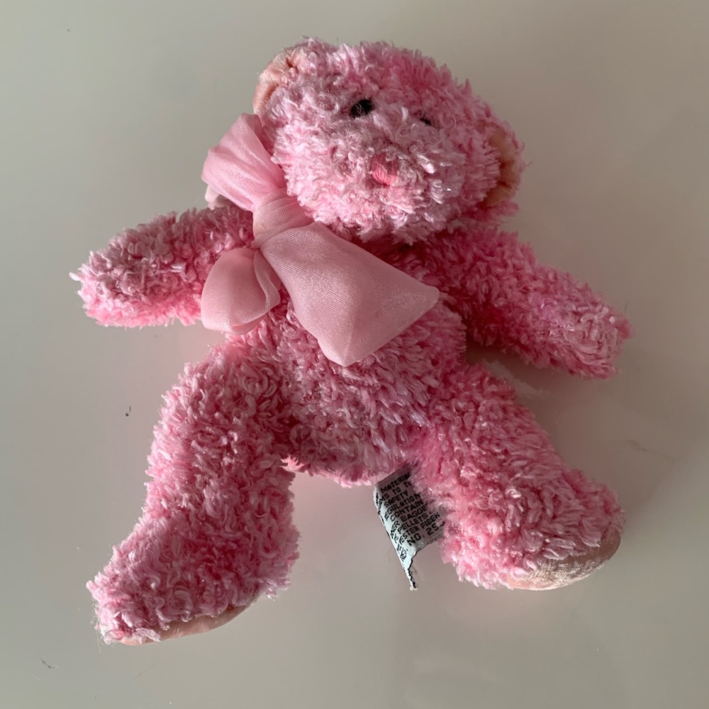 Russ pink plush bear. “Bubbles”. Pink bow. 6 inch. For 3 years and up. Read